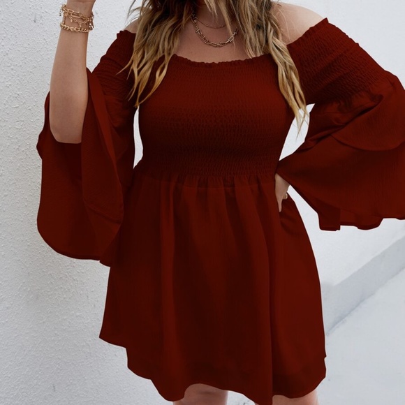 Boho Plus Off Shoulder Ruffle Bell Sleeve Dress - Picture 6 of 14